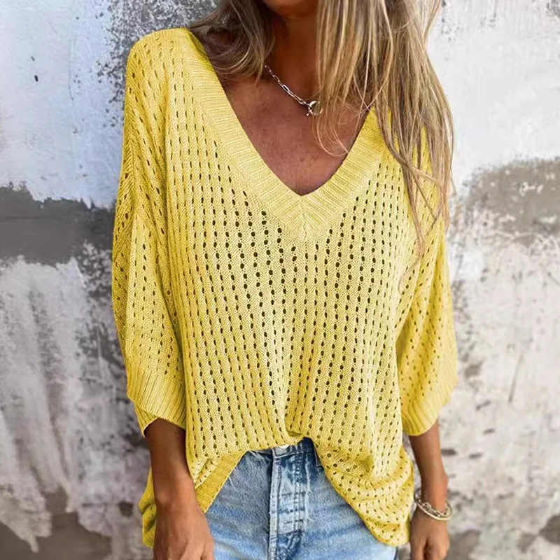 Fashion Hollow Out Knitted Beach Shirt Casual Summer Loose 3/4 Sleeve Pullover Vintage V-neck Solid Color Women's Tops Blouses