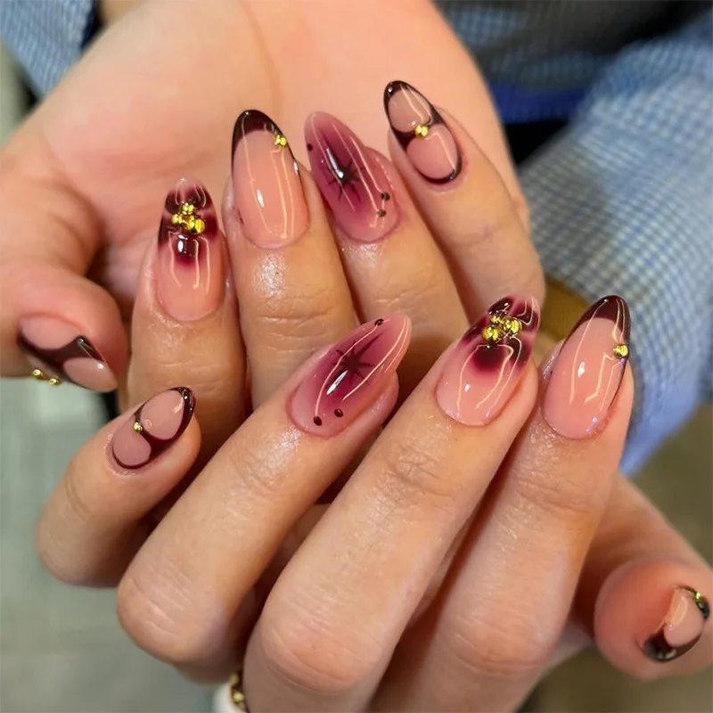 

24pcs Almond False Nails Red French Flower Press on Nails Tip Finished Wearable Gold Beads Starlight Design Short Oval Fake Nail