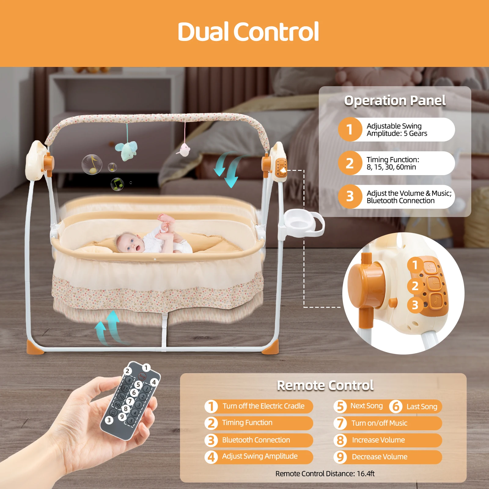 Elektrische Babywiege 5-Gang-Schaukelfunktion Bluetooth-Schlaflieder Faltbar Tragbar 25kg Tragkraft Atmungsaktives Moskitonetz Sicherheitsgurte