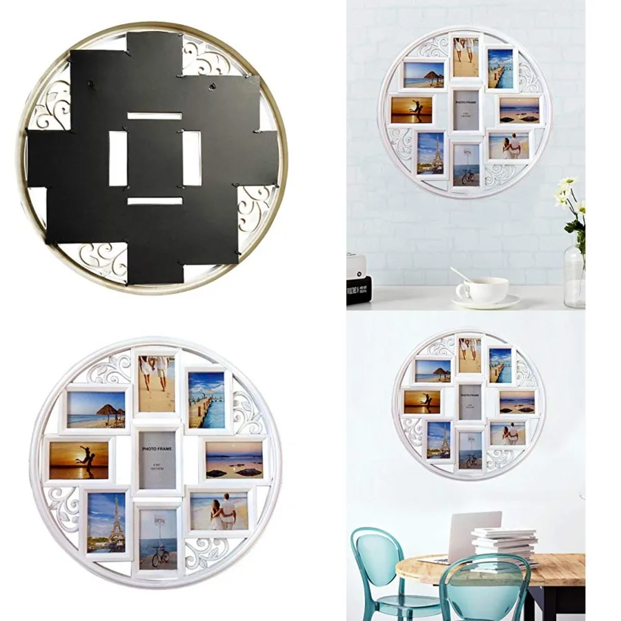 

4x6 Wall Collage Picture Frames - Round Circular Wall hanging Picture Photo Collage Frame with leaf decoration, 9- Opening (White)