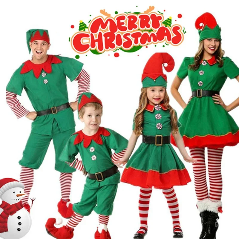 Family Christmas Elf Costume Role Playing Outfit Green Santa Claus Party Performance Fancy Clothing Set for Men Women Girls Boys