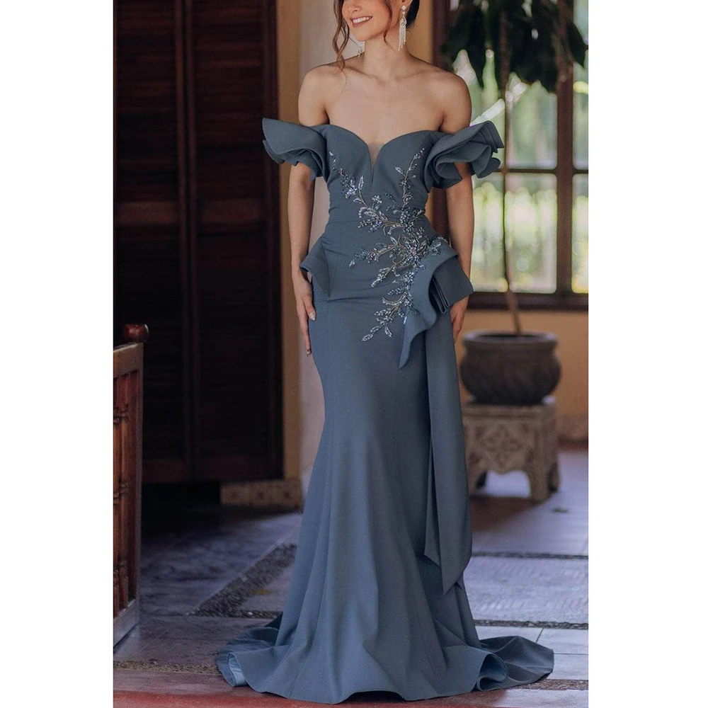 Luxury Gray Women Prom Dresses Sweetheart Floor Length Mermaid Beading Off the Shoulder Sleeves Female Banquet Evening Gowns