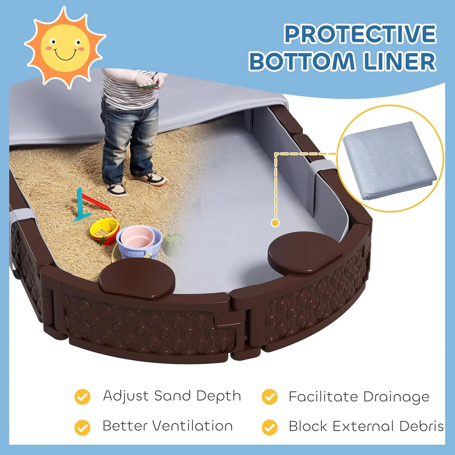 Kids Sandbox with Cover, Oval 71" Large Sand Pit with 4 Seats, Waterproof Bottom Liner, Weather Resistant Outdoor Sand Box