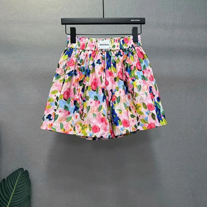 Summer New Elastic Waist Printing Wide Leg Hot Pants All-match Plus Size Trend A-line Shorts Street Casual Fashion Women Clothes