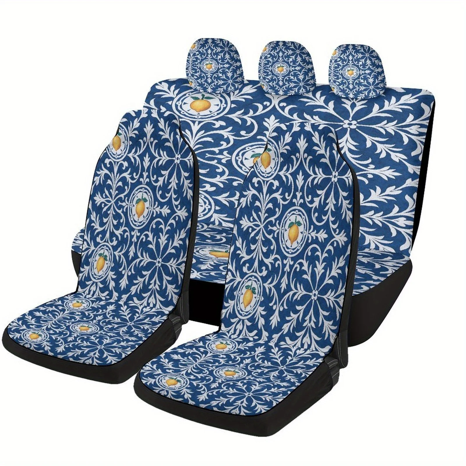 Blue And White Floral Pattern With Lemons Designed Car Seat Covers Set For Most Cars, Fashion Personalized Decorative Car Seat P