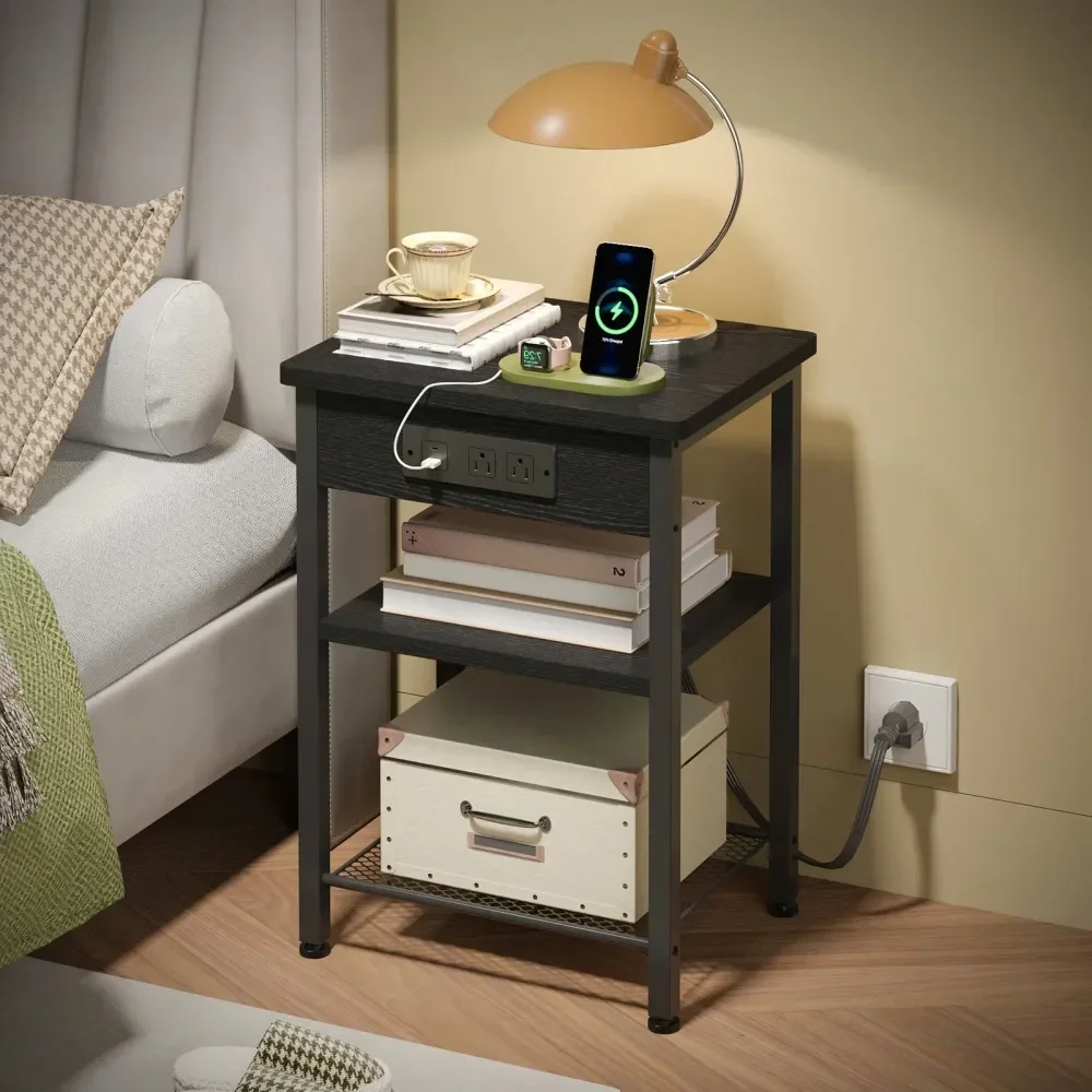 

Slim Bedside Table With Charging Station, 3Tier Nightstand For Small Spaces, With Fabric Drawer LED Light, SpaceSaving Bedroom