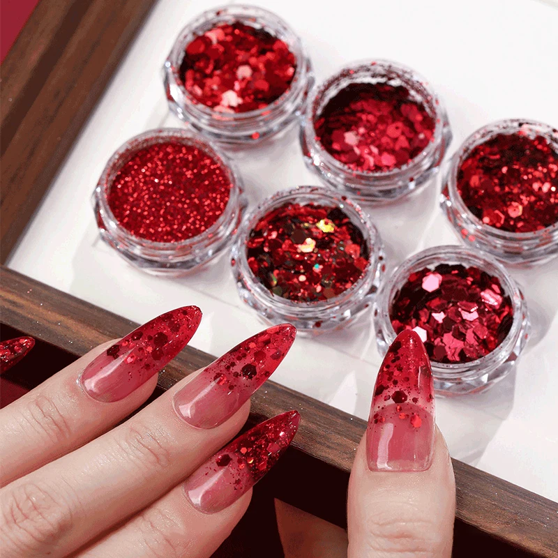 Red Iridescent Mixed Hexagon Nail Glitter Sequins Spangles Flakes Nail Art Powder Manicure Gel Polish Accessories