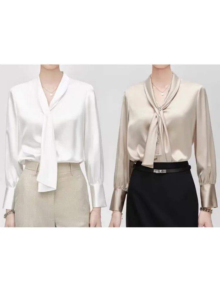 30MM 100% Mulberry Silk Shirt ze wstążką Topy z długim rękawem Ready Stock Damskie błyszczące koszule koreańska koszula damska nowa moda — zdjęcie 2