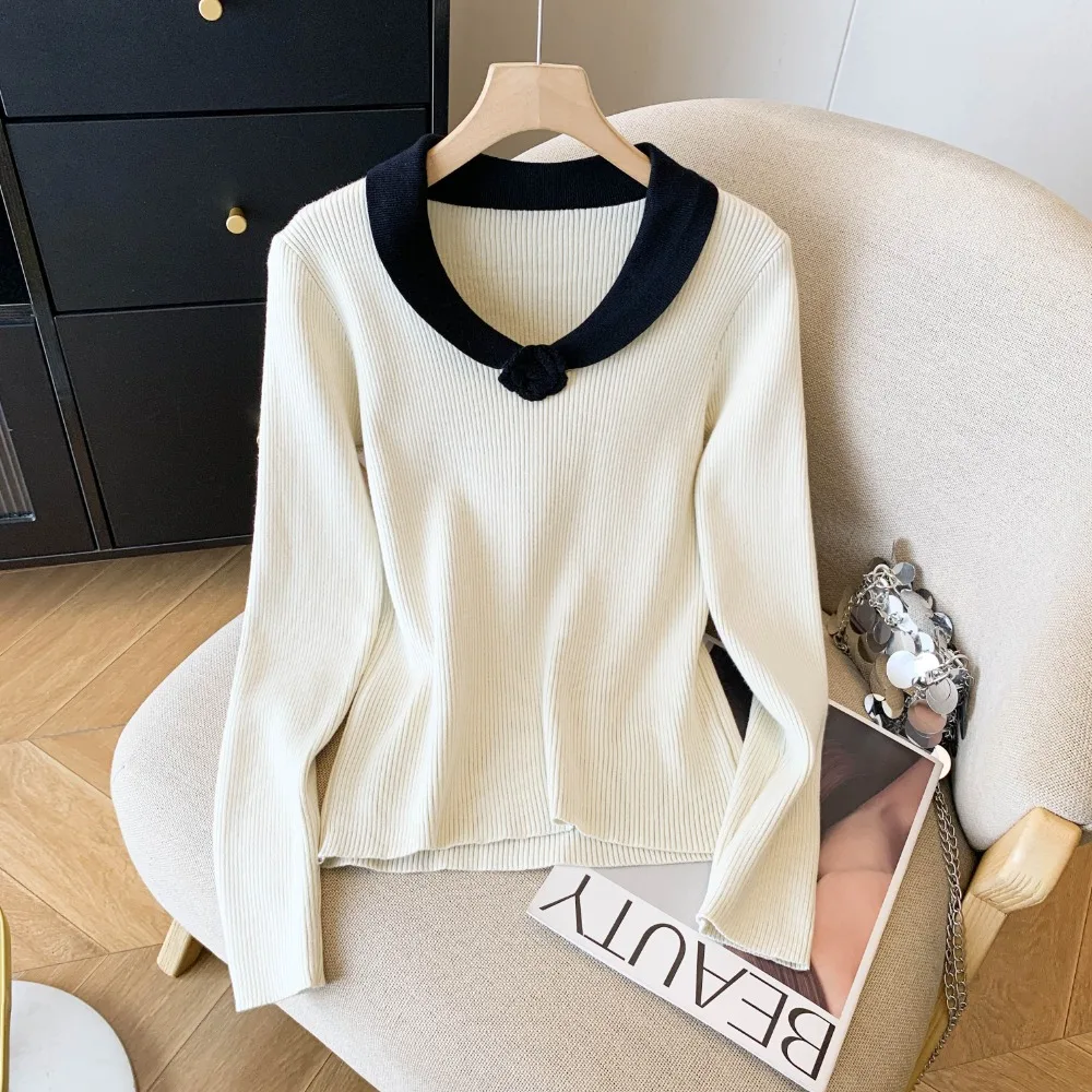 أنيقة زهرة متماسكة سترة المرأة المتناقضة اللون الخامس الرقبة ثلاثي الأبعاد سليم عارضة البلوز البلوز قاع قمم