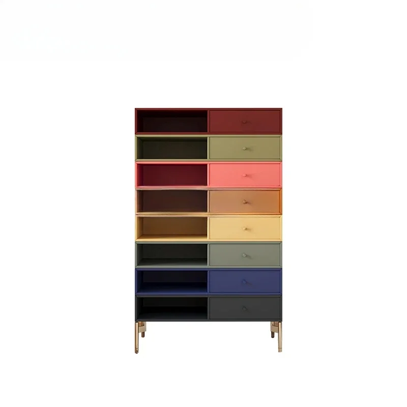 A Colored eight-bucket cabinet against the wall Cream wind locker