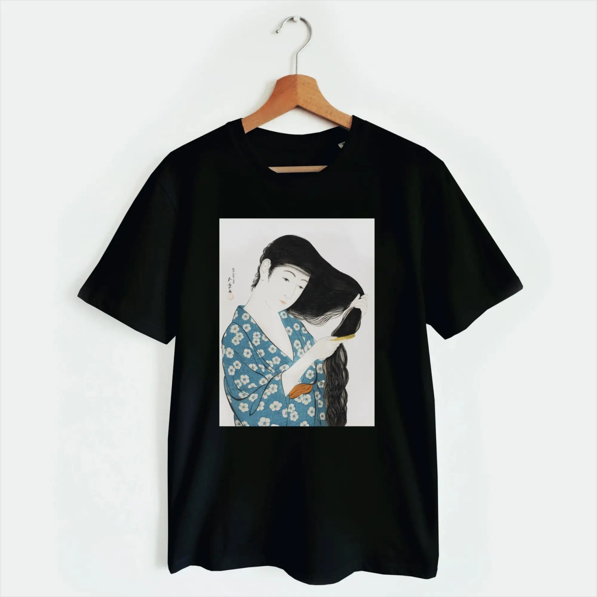 Japanese art t shirt woodblock Ukiyo e woman combing her hair geisha with kimono edo gift