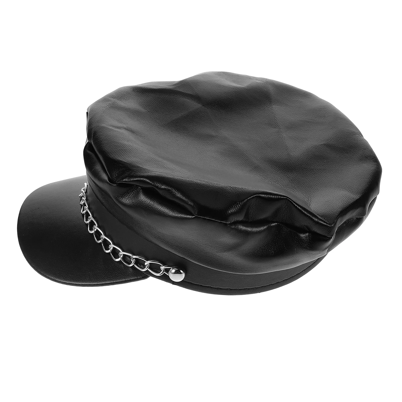 

Navy Cap Black Pu Flat Top Short Brim Chain Decor Vintage Newsboy Bakerboy Hat For Men Women Biker Pirate Costume Party