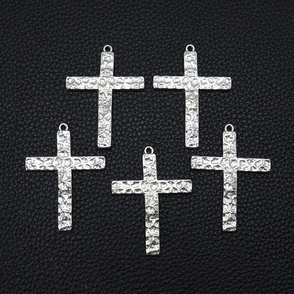 2Pcs Hammered Finish Cross Charms | Silvery Tone Religious Jewelry Findings for Handmade Accessories