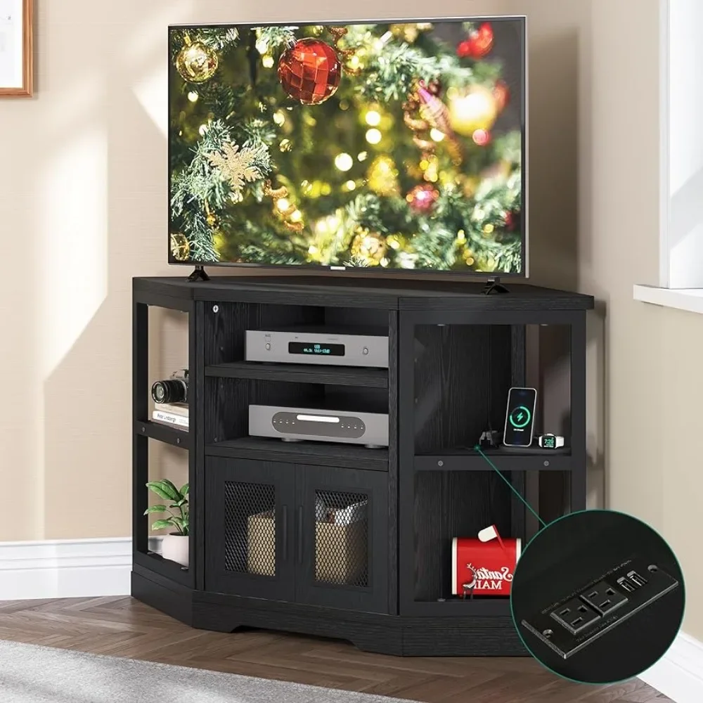 

Corner TV stand with power outlets, modern farmhouse entertainment center, wooden TV media console with lockers