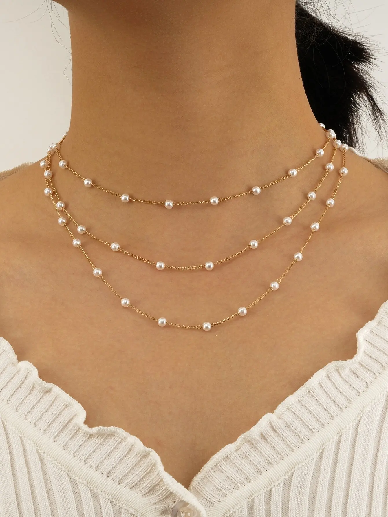

3-Layer Gold Chain Faux Pearl Necklace for Women, Minimalist Layered Design