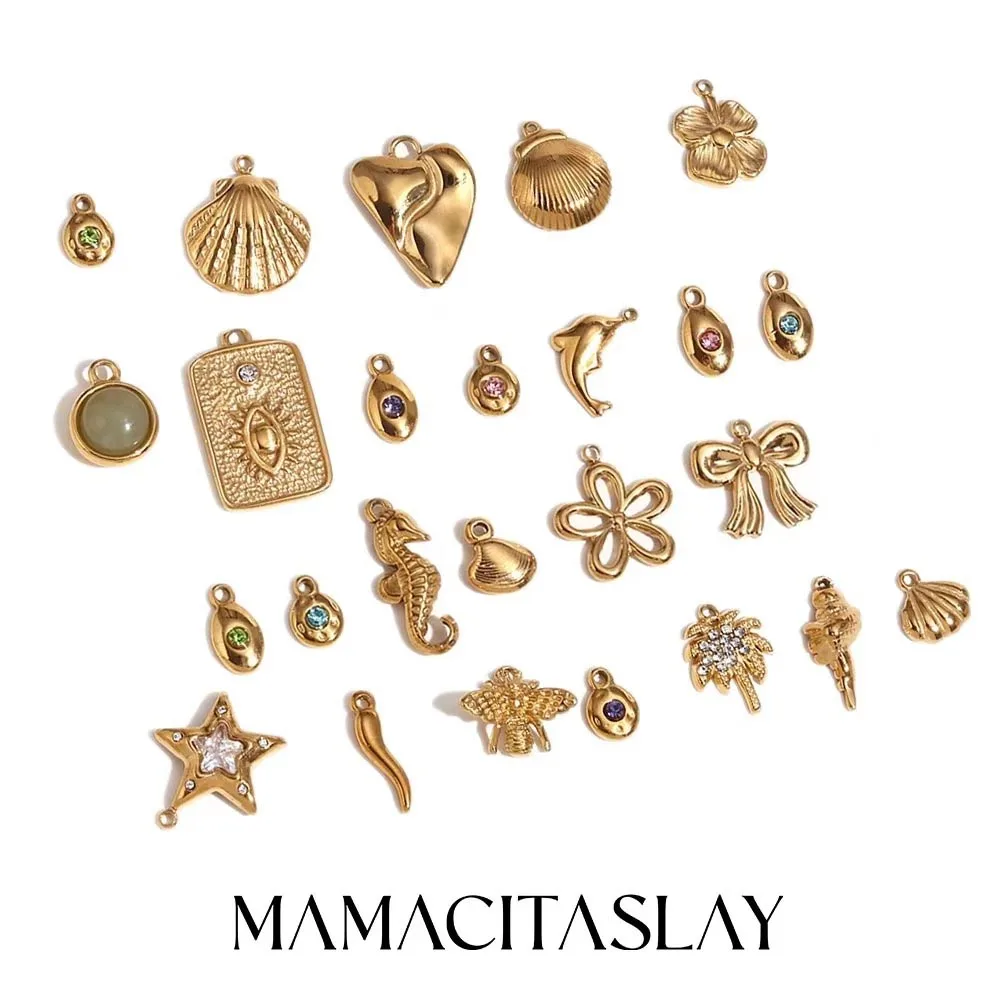 MamacitaSlay Lovely Scallop Dolphin Sparkling Coconut Tree Heart Bow Flower charms for jewelry making Stainless steel charm
