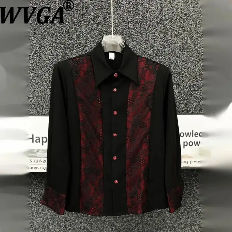 

WVGA Spring Autumn New Men Heavy Patchwork Lace Embroidered Trendy Long Sleeve Shirt Niche Casual Shoulder Padded Top Ins W23618