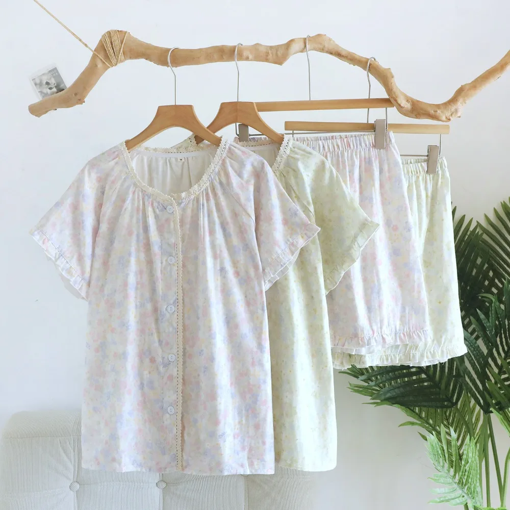 

New Summer Suit Women's Pajamas with Shorts Home Wear Floral Two Pieces Pyjama Set Woman Short Sleeve Sleepwear for Sleeping