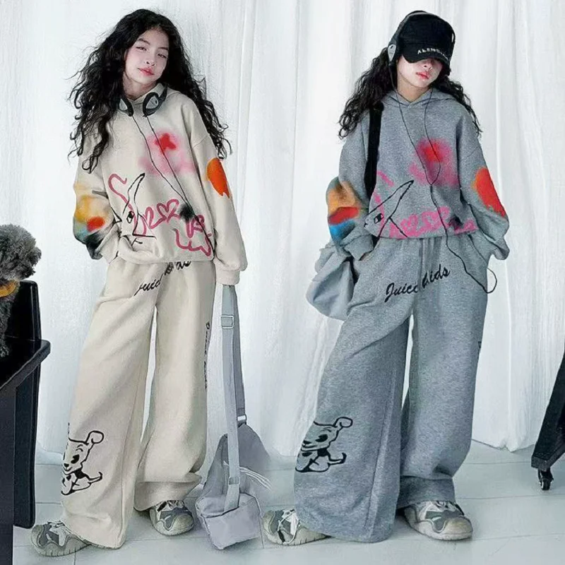 2026 Spring Autumn Girls Graffiti Pullover Sweatshirt+Sweatpant Workout Set School Kids 2PCS Tracksuit Children Jogging Outfit