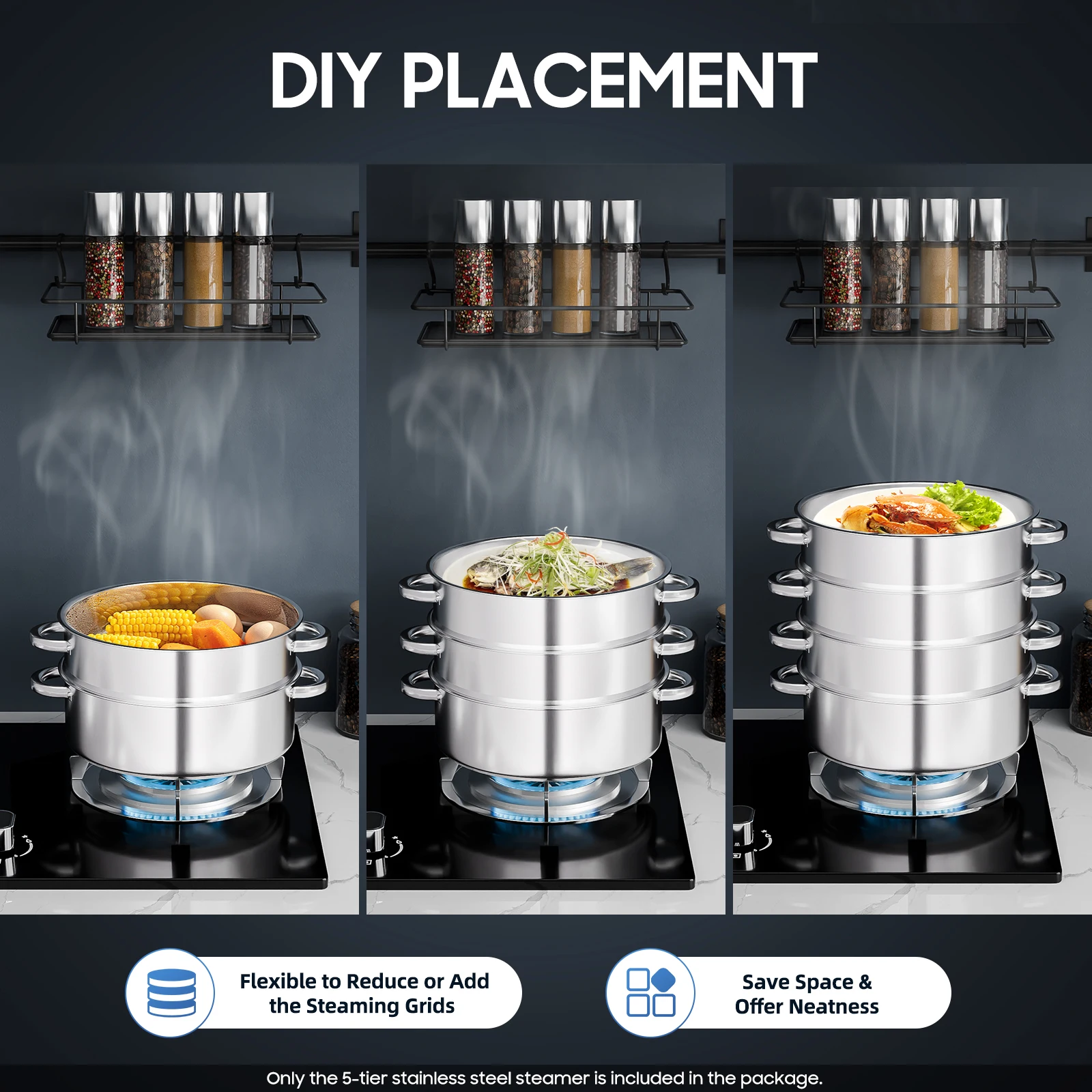 Stainless Steel Steamer with Glass Lid 5 Tier 46.5cm Cookware Cooking Pot Induction Hob Steamer for Dumplings Silver
