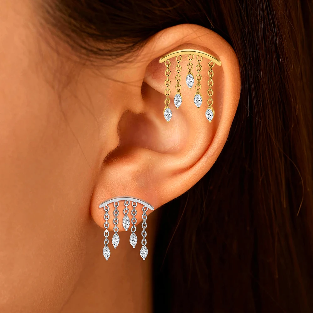 ASTM F136 Titanium Ear Cartilage Earrings Internal Thread 16G Hidden Helix Stud CZ Drape Chain Flat Back Tragus Piercing Jewelry