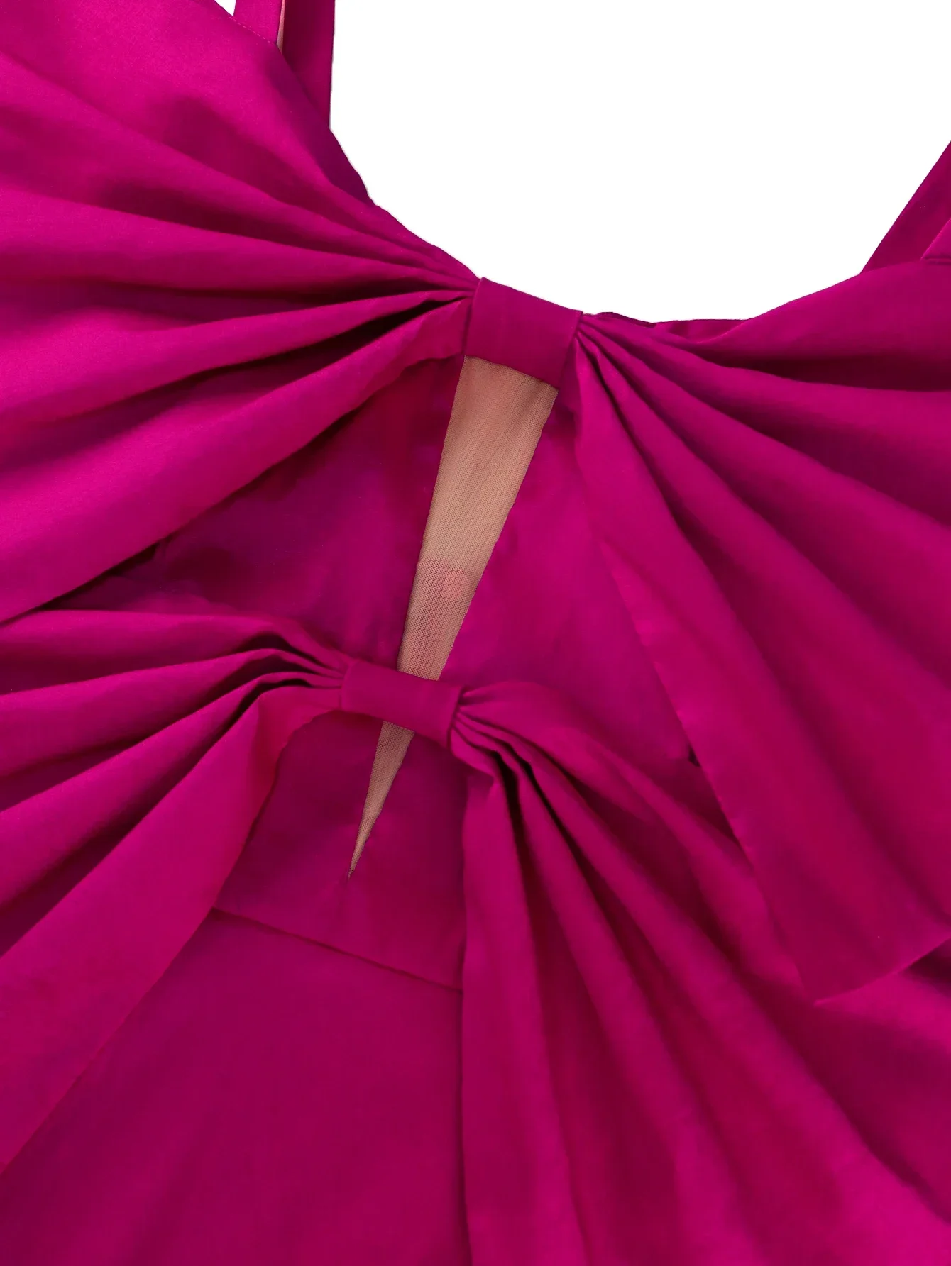 Vrouwen Glanzende Fuchsia Mini Club Feestjurk Spaghettibandje Open Rug Uitgesneden Mesh Patchwork Strik Cocktail Prom Night Event Jurk