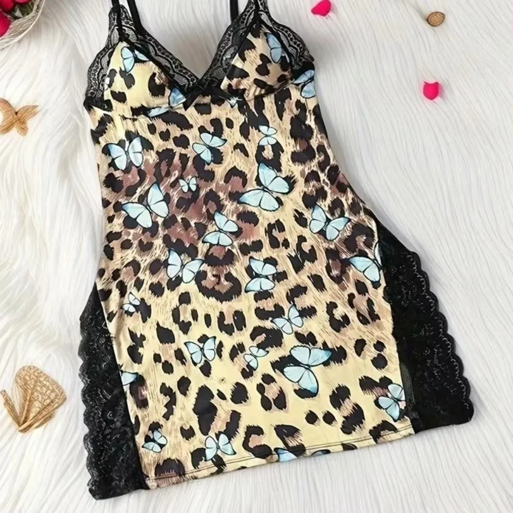 New Lace Patchwork Women's Pajama Side Slit Butterfly Decoration Nightgown Breathable Polyester Slip Dress for Honeymoon