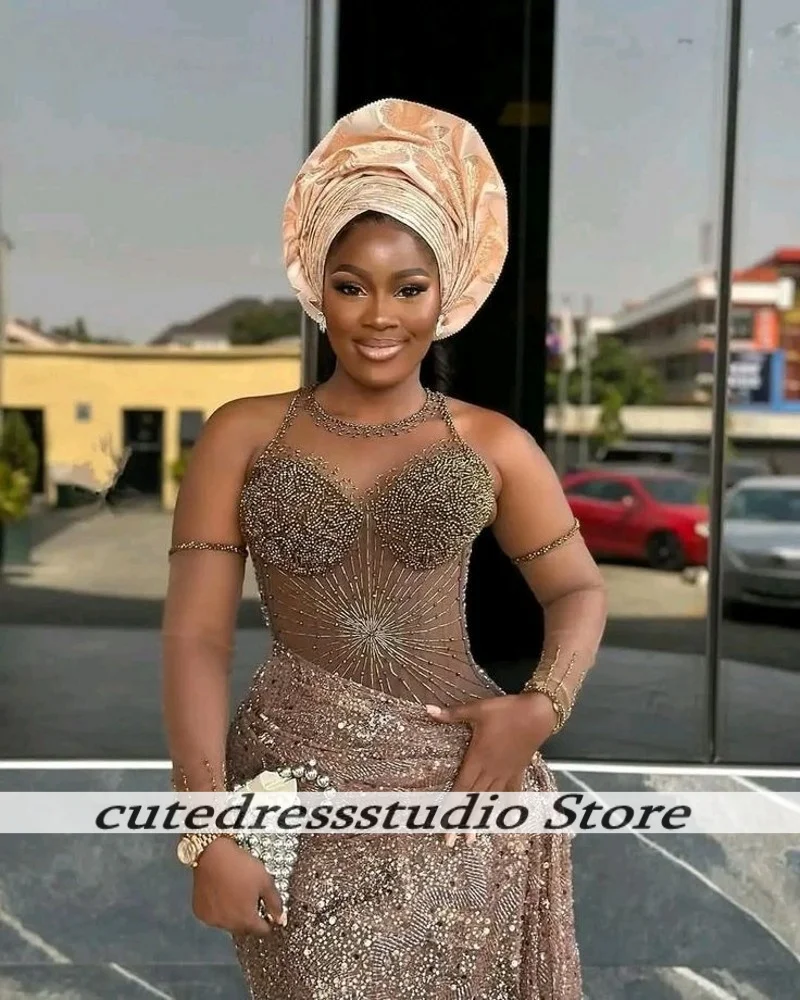 Delicate Halter Mermaid Prom Dress Evening Dresses With See Through Sleeves African Long Beaded Wedding Party Gowns Customized