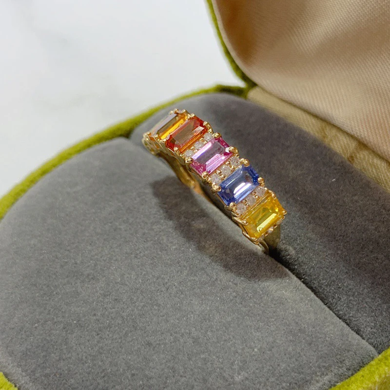 Aazuo 18K Solid Yellow Gold Natural Sapphires Real Diamonds OL Square Rainbow Lines Rings For Girls & Women Senior Banquet Party view 2