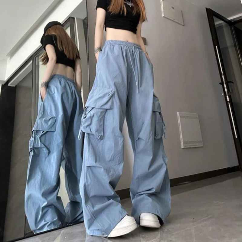 Women Streetwear Y2K Cargo Pants Retro Harajuku Casual Trousers Korean Big Pockets Loose High Waist Female Solid Pants New