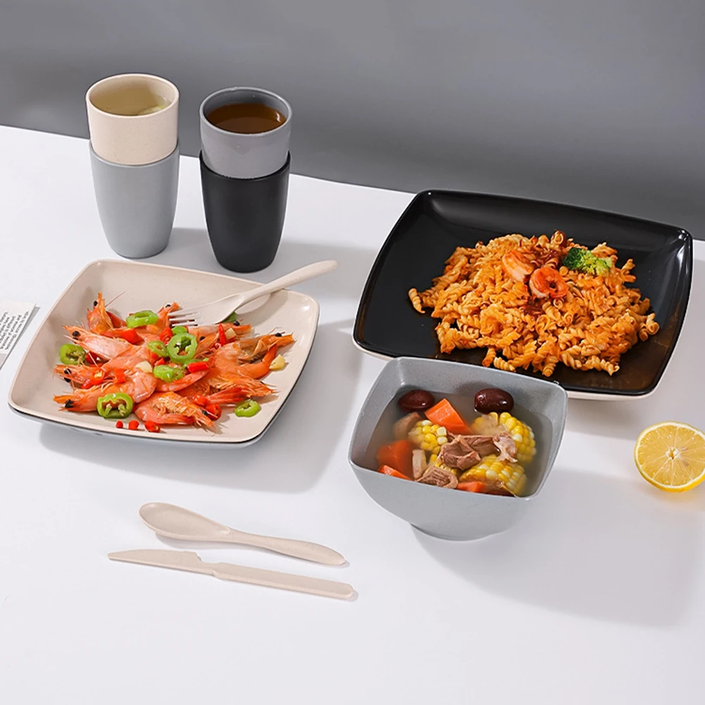 New 28 Pieces/set of Non Fragile Meal Plates Wheat Straw Dishes Tableware Set Microwave Dishwasher Safe Reusable Dinnerware