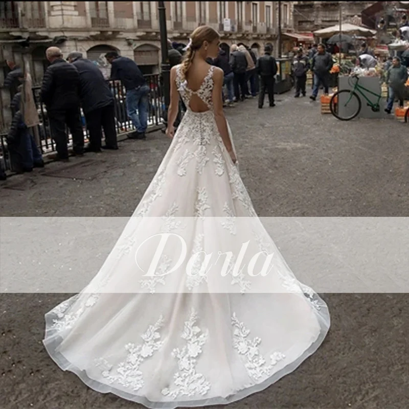 Darla-Tulle فستان حفلة للنساء ، رقبة حرف V عميقة ، دانتيل عاري الظهر ، فساتين زفاف مزينة ، فساتين زفاف ، مثيرة ورائعة