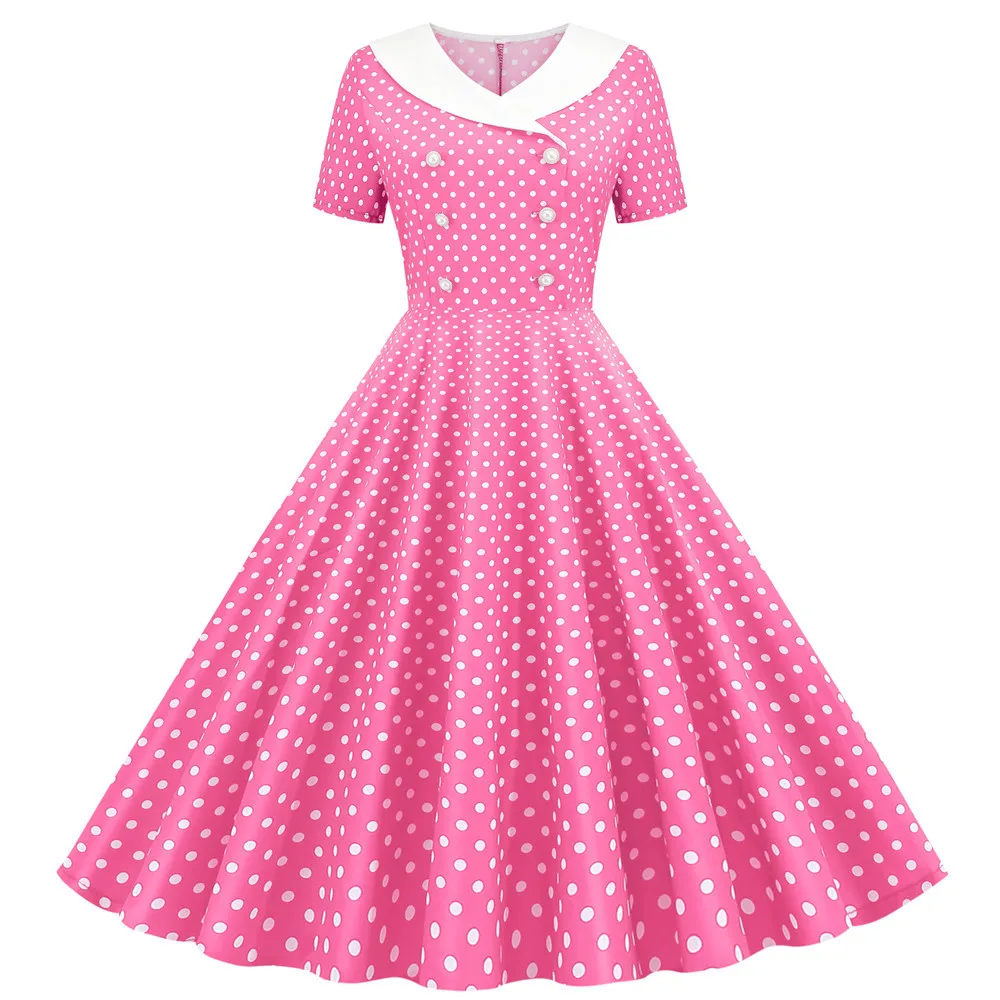 Blue Polka Dot Printed Vintage Dresses for Women 2024 Summer Retro 50s 60s Swing Pin Up Rockabilly Party Dress Robe Vestidos