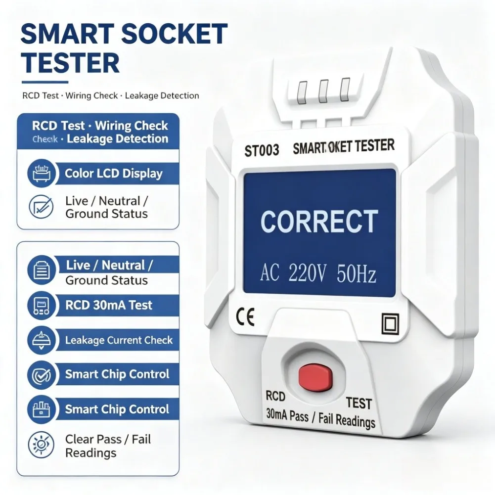 ST003 Socket Tester Detects Voltage Presence and Polarity LCD Indicator 90-250V AC 45-65Hz For Residential and Commercial Wiring