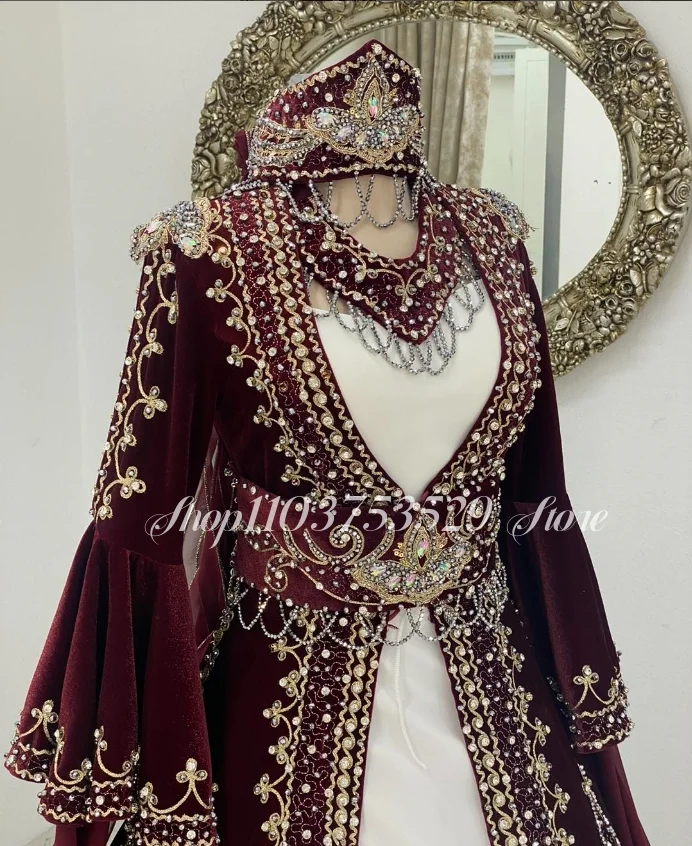 Long Sleeve Placket Burgundy Evening Dress Exquisite Luxury Embroidery Applique Diamond Beaded Ethnic Dress فساتين سهرة فاخرة