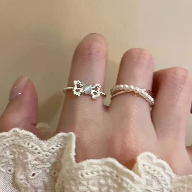 

Crossed Pearl Knot Ring Unique Design Sweet Sle Open Finger Ring Faionable Jewelry Accory