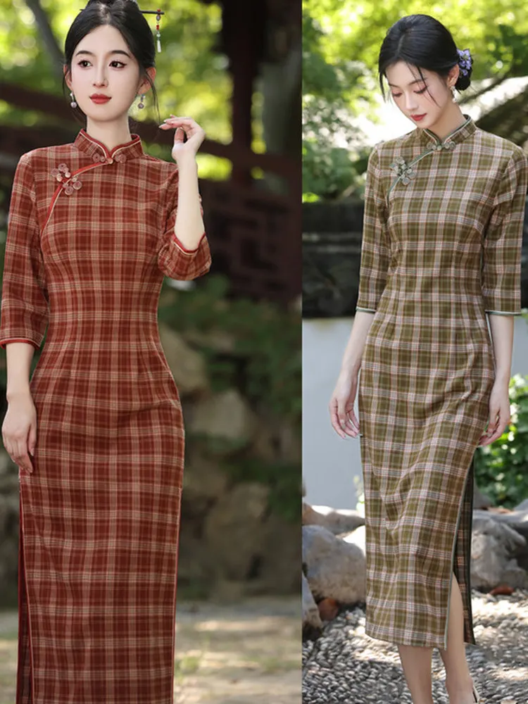 

Red Plaid Long Sve Qipao Young Sle Retro Chinese New Version Daily Wear High Quali Long Dr for Young Women