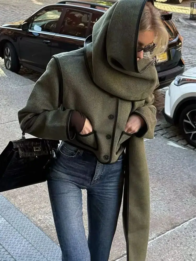

HH Women New Fashion Versatile Pocket Imitation Leather Short Coat Female Simple Casual Scarf Single-breasted Long Sleeve Jacket