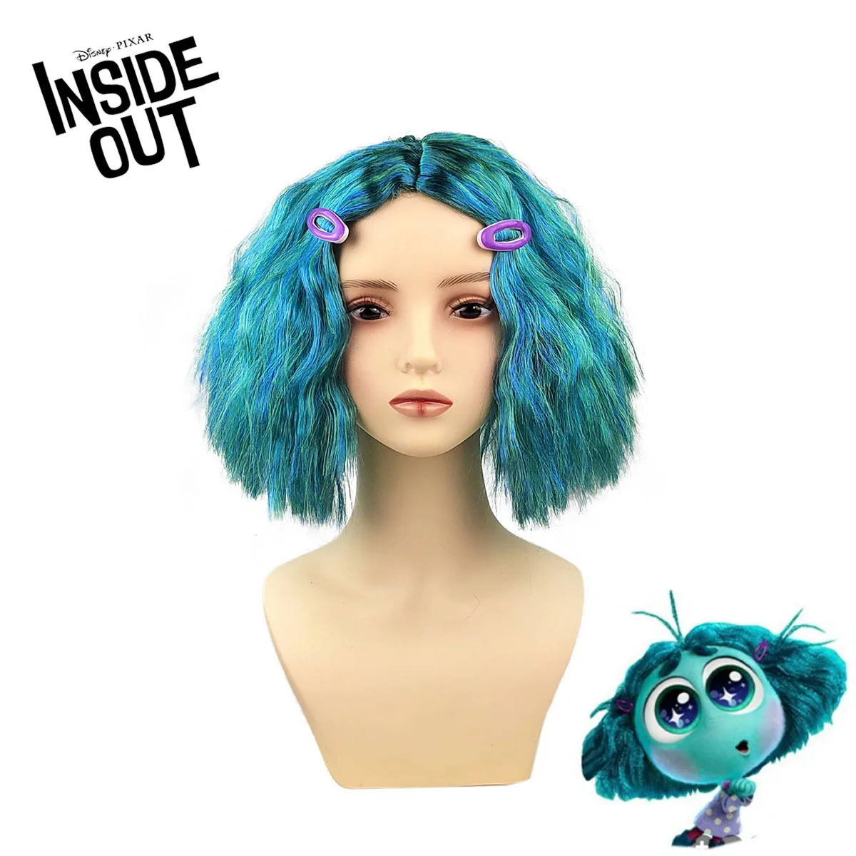 Disney Inside Out 2 Envy Wig Short Blue Curly Heat Hairpiece Masquerade Cosplay Headgear Head Cover Wig Cap with Water Drop Clip