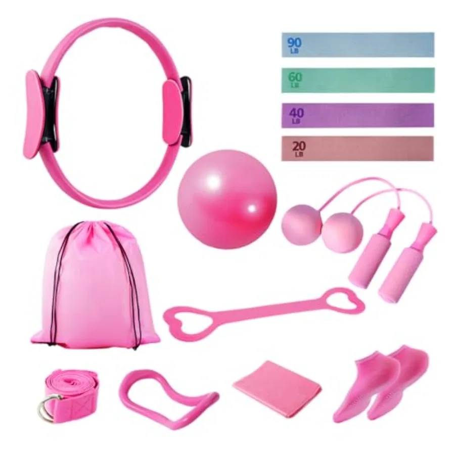 

Home Pilates Kit for Women Workout Set with 12.9" Ring 9.8" Mini Ball 4 Fabric Bands Figure-8 Band Stretch Band D-Ring Strap Co