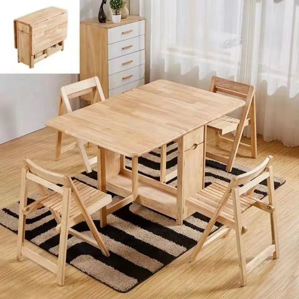 Furniture, three-in-one folding dining table and chair, small-sized pure solid wood household multifunctional table