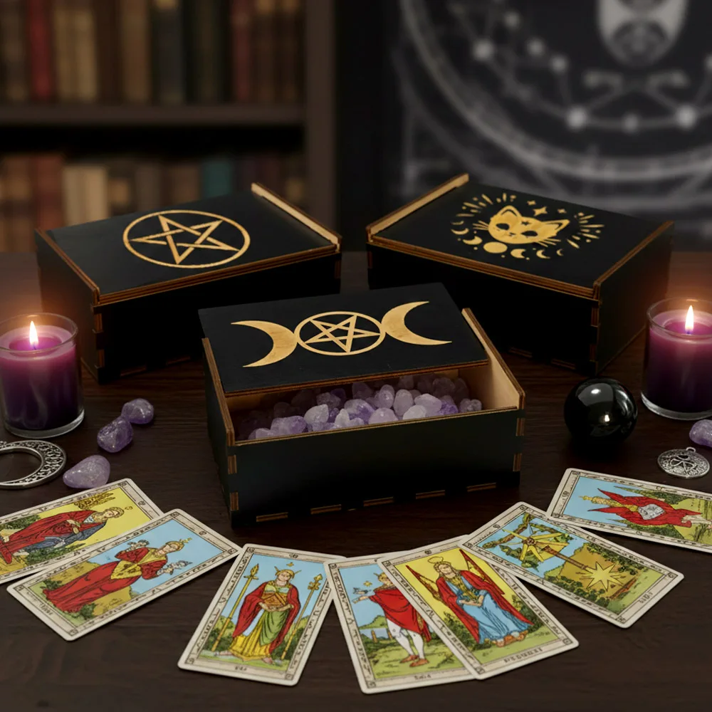 Vintage Wooden Tarot Card Storage Box | Sliding Lid Design | Multi-Purpose Organizer for Crystals,Jewelry, and Tarot Accessories