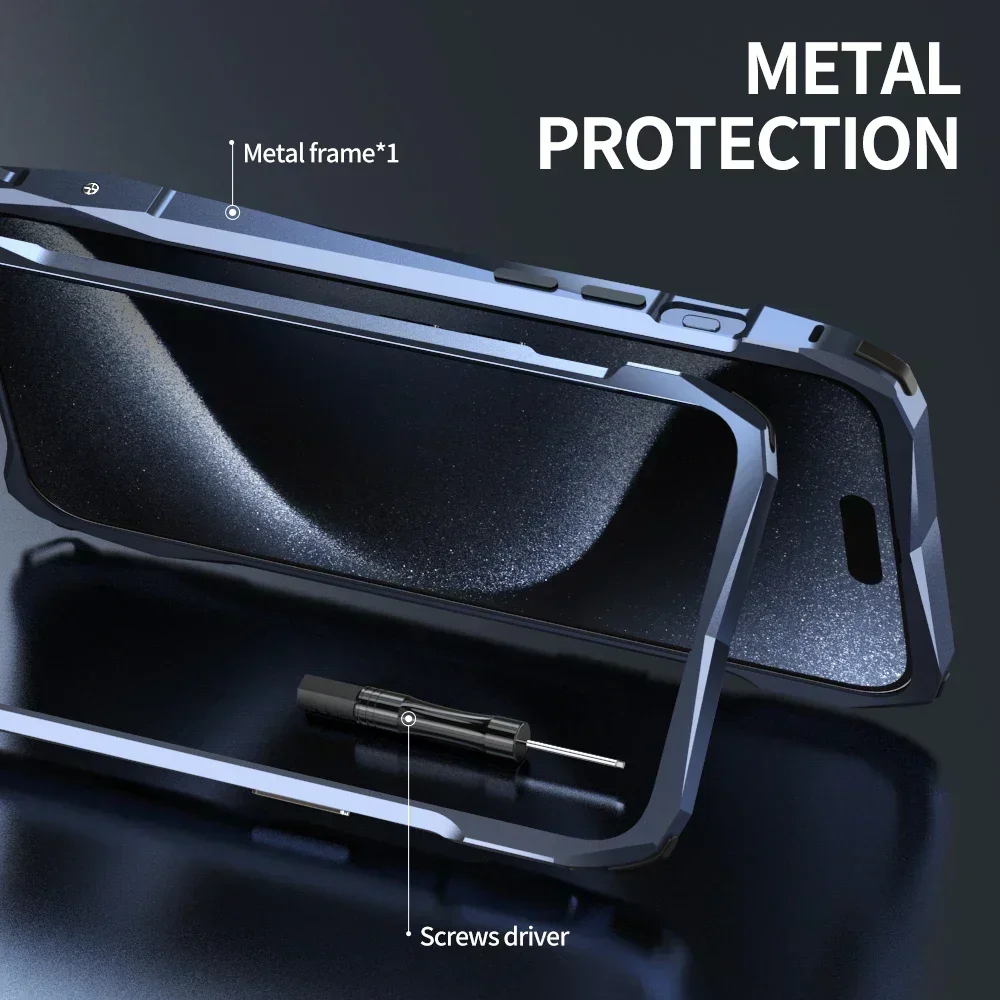 LUPHIE Lightweight Metal Frame For iphone 16 15 Pro Max Bumper 16e 14 13 Anti-Scratch Case + Back Sticker Lanyard Lens Protector