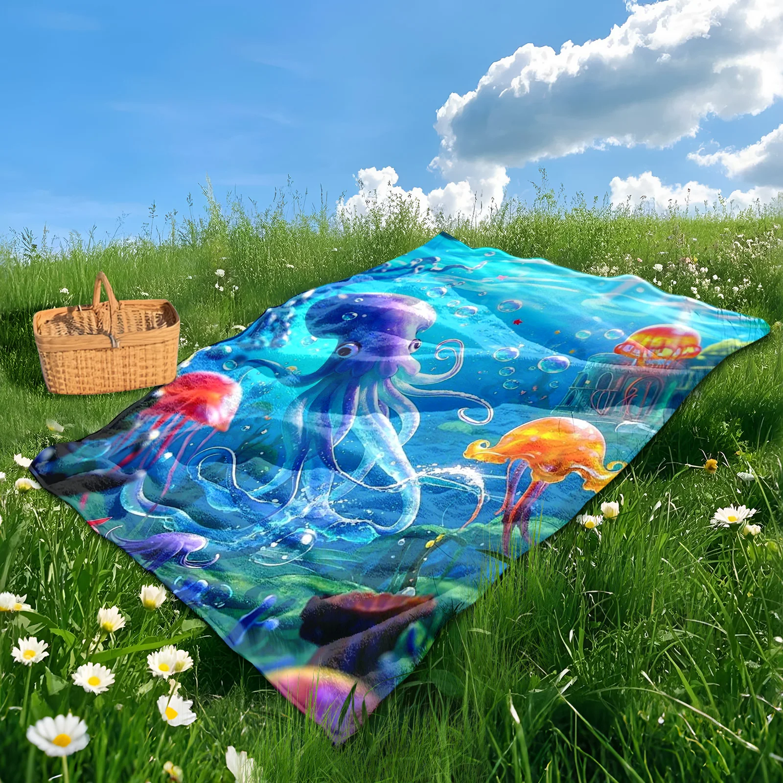 Fantasy Purple Squid Blanket With Underwater Design For Whimsical Outdoor Adventures And Enchanted Camping By The Ocean