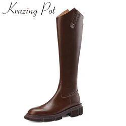 Krazing Pot stivali da equitazione con tacco tondo in pelle pieno fiore rivetti piattaforma gamba sottile Grace England Style Zip stivali alti alla coscia