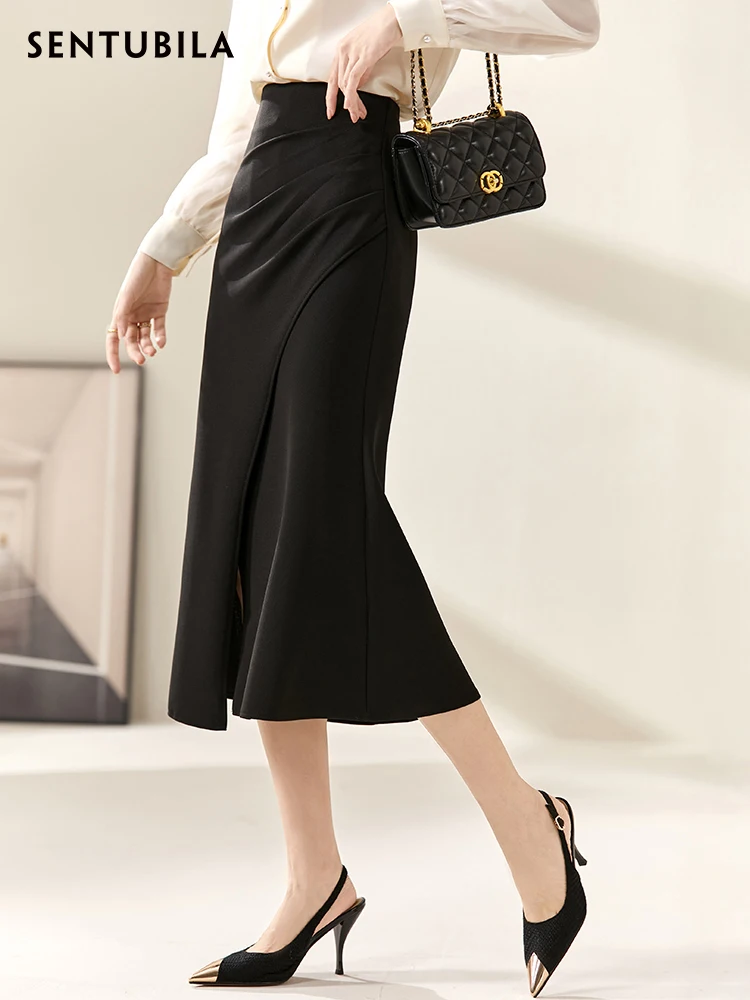 SENTUBILA Ruched Slit Sheath Skirts for Women 2024 Spring Elegant Office Ladies Work Casual Solid A Line Split Midi Wrap Skirt