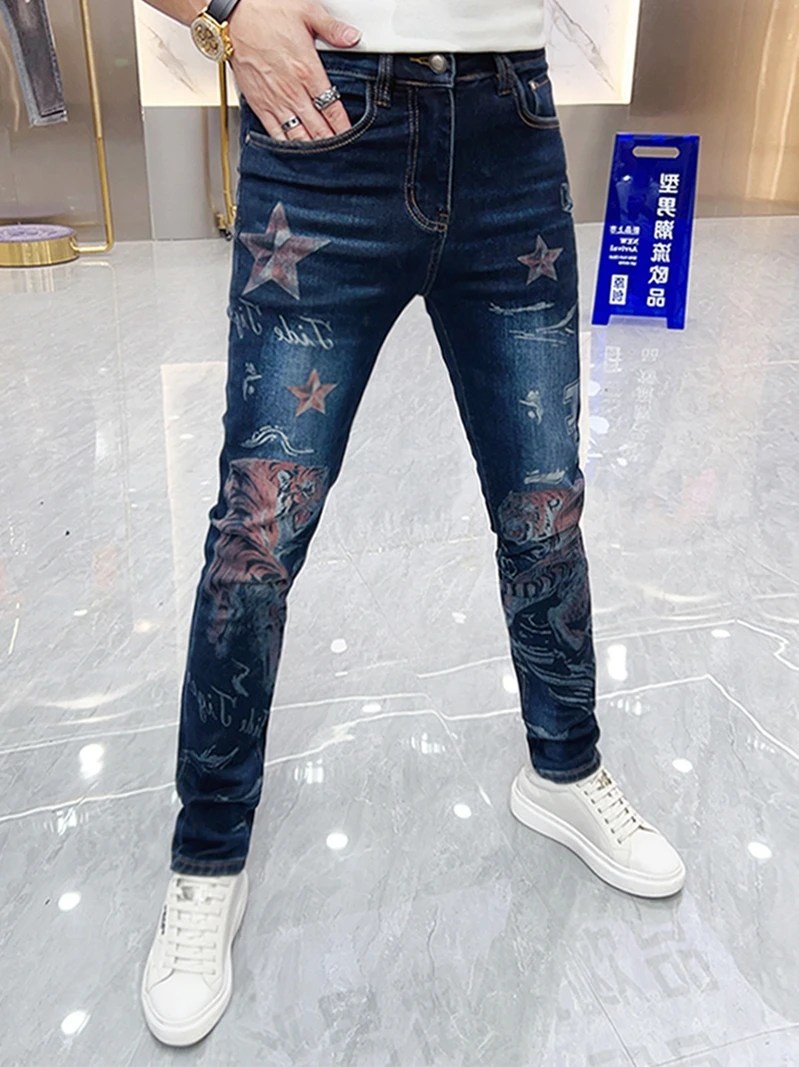 

Мужские джинсы Deep Blue Slim Fit с тигровым принтом, повседневные, модные, трендовые, брендовые, осень 2023, молодежные, для отдыха