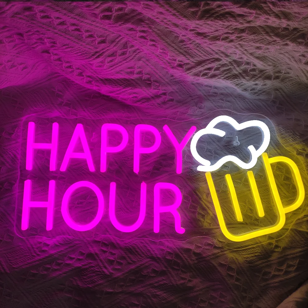 Happy Hour-LED Neon Light Signs, Bar, Clube, Party Logo, Light Up Sign, Alimentado por USB, Beer Room Decor, Decoração do Hotel, Pub, Café, Loja de Lâmpada de Parede, Itens