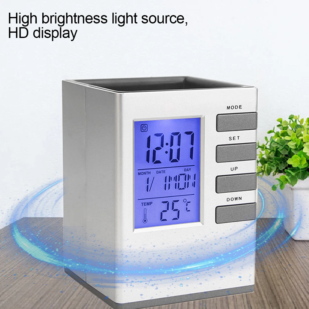 Multifunctional LCD Clock Pen Holder Student Alarm Clock Thermometer Stylish Desk Organizer For Home Office School Desktop