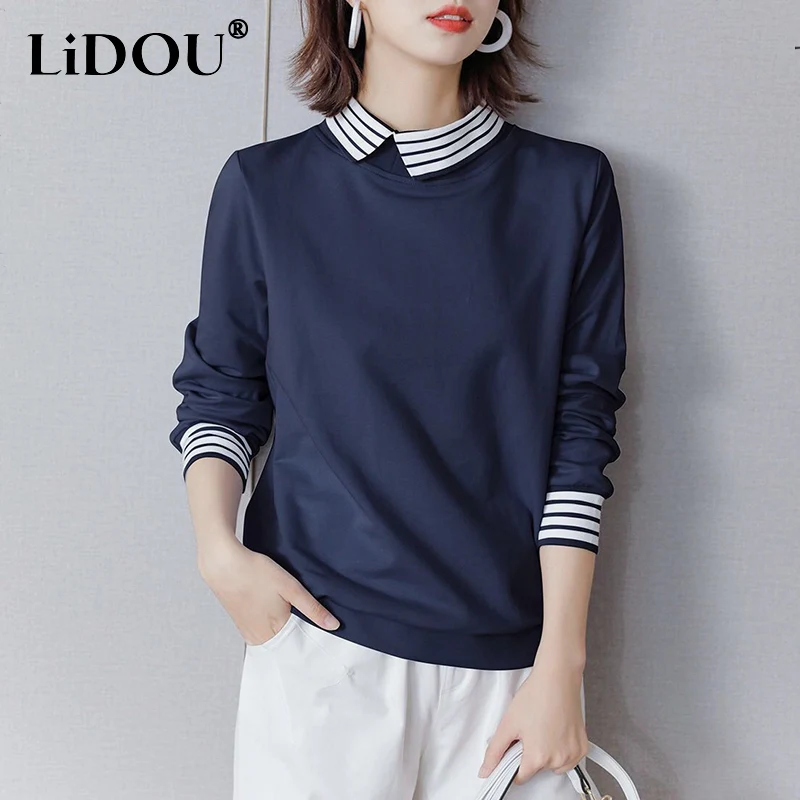 Primavera autunno Patchwork a righe sciolto Casual felpa donna manica lunga semplice tutto-fiammifero maglione Lady Krean Style Pullover Top